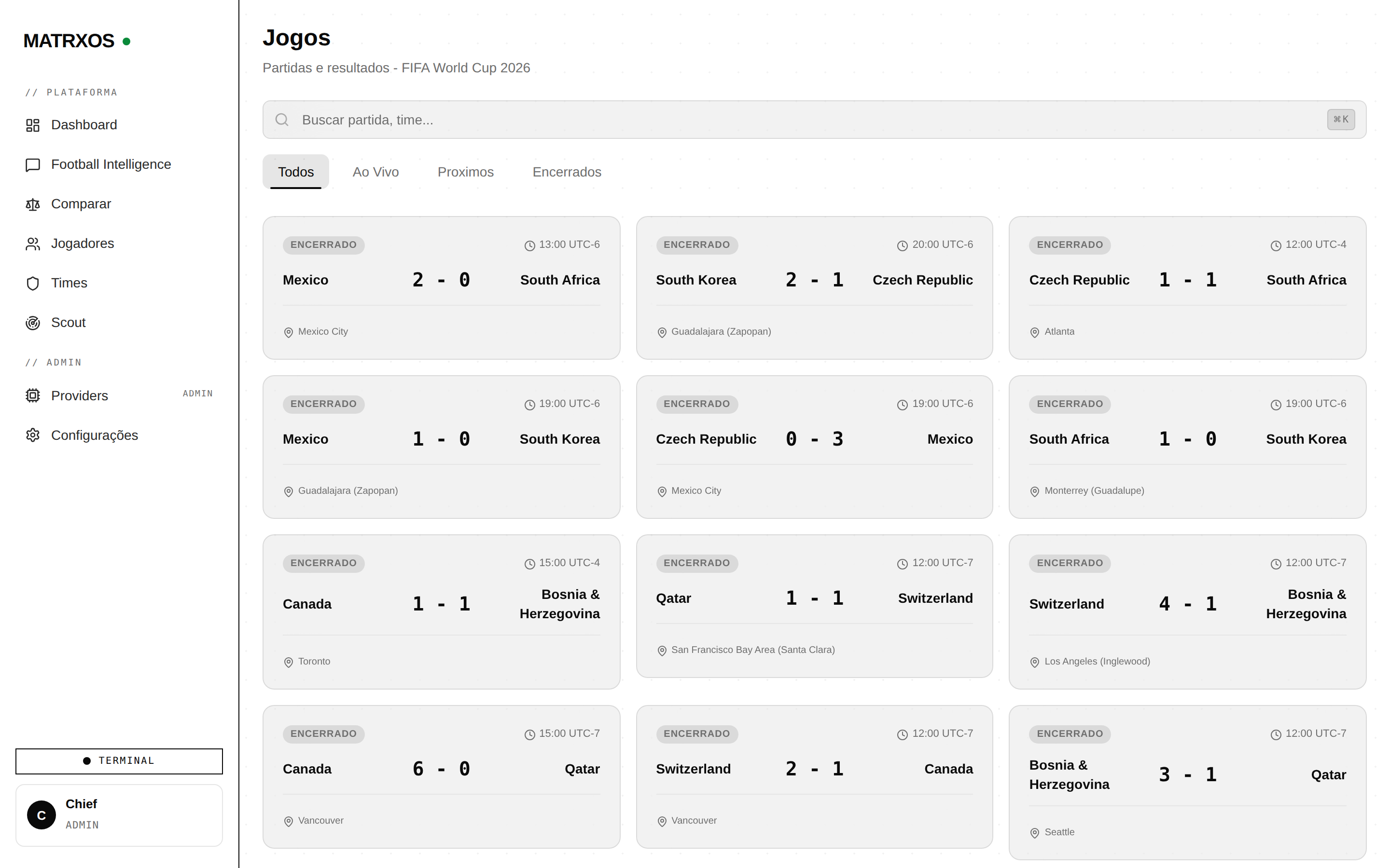 Central de jogos da Copa 2026 no MatrxOS